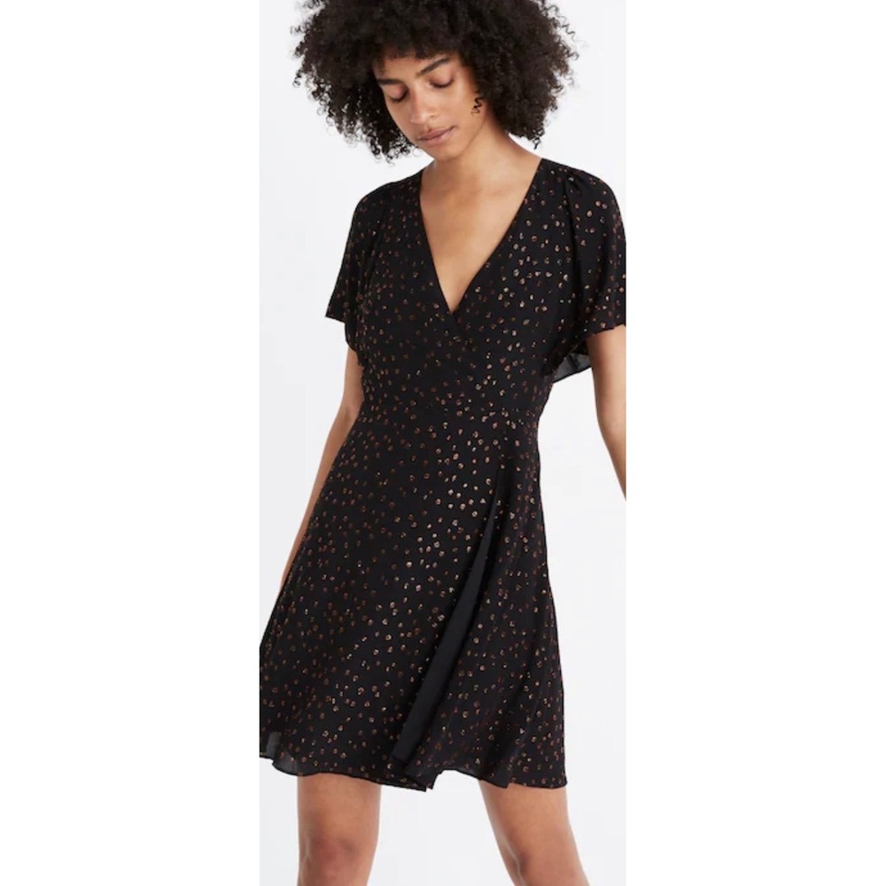Madewell Cape Sleeve Mini V Neck Dress Black Metallic Dots Size 6